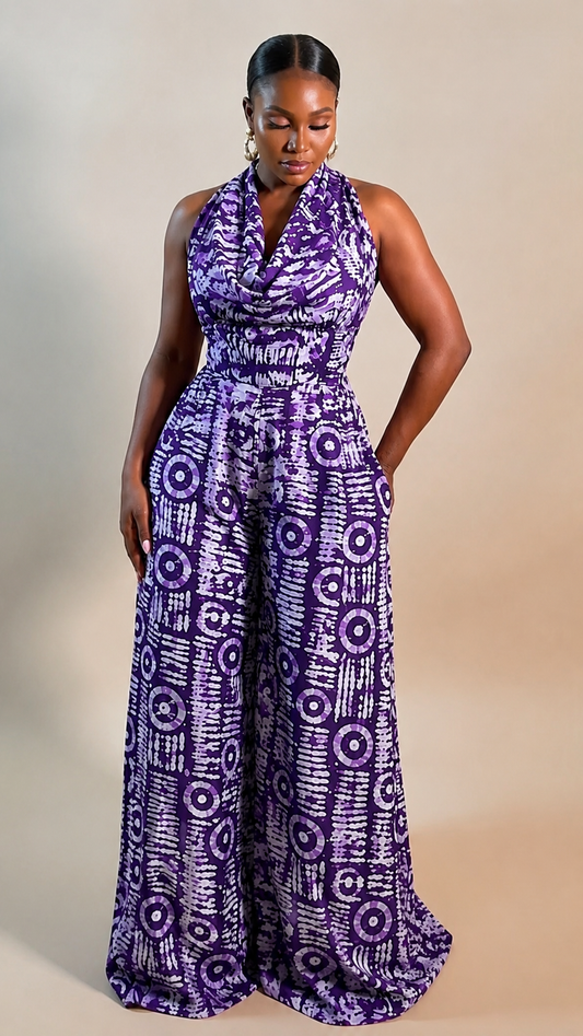Combinaison Dos Nu Drapée Violette – Imprimé Batik & Coupe Palazzo