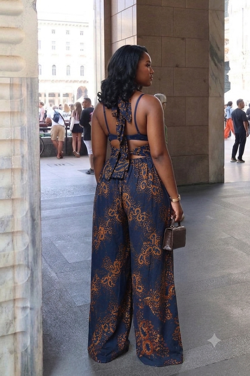 Combinaison batik Dos Nu Maxi – Imprimé Bleu Marine & Terracotta