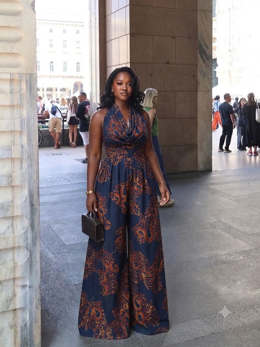 Combinaison batik Dos Nu Maxi – Imprimé Bleu Marine & Terracotta