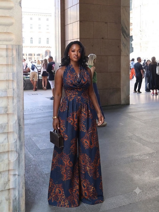 Combinaison batik Dos Nu Maxi – Imprimé Bleu Marine & Terracotta