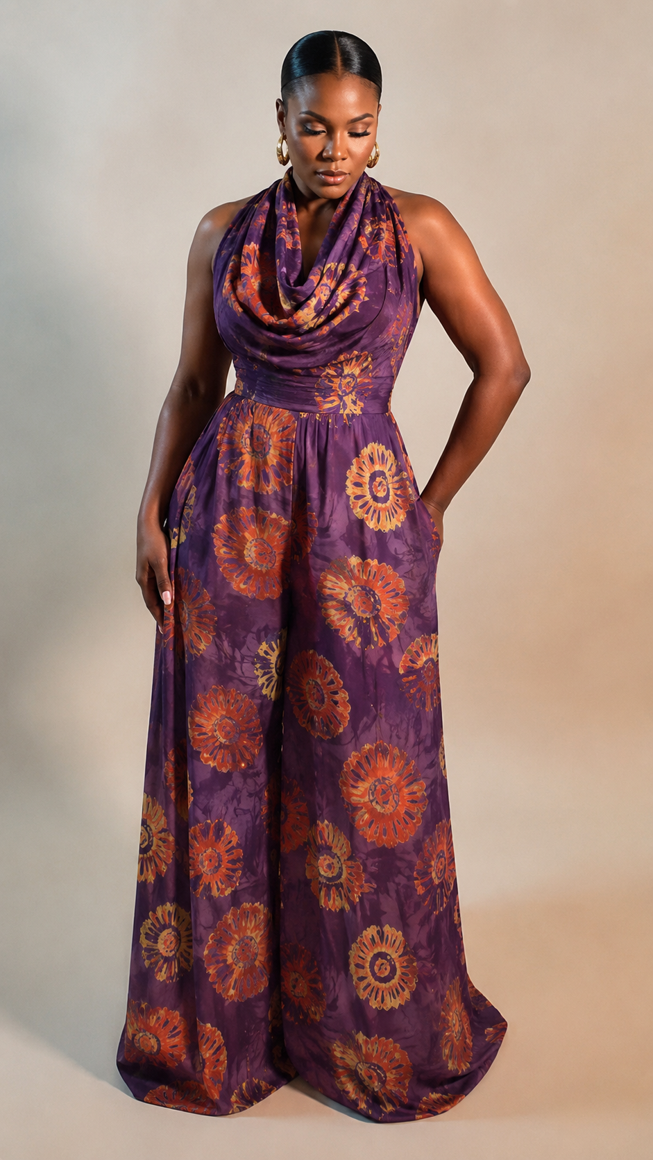 Combinaison Palazzo Halter Batik Violet – Élégance & Confort